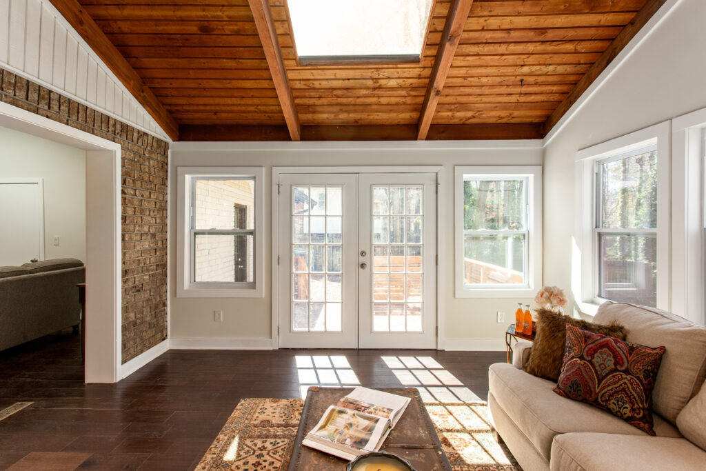 Sunroom addition with wood ceiling and natural light in Atlanta metro | Parsons Mission Construction