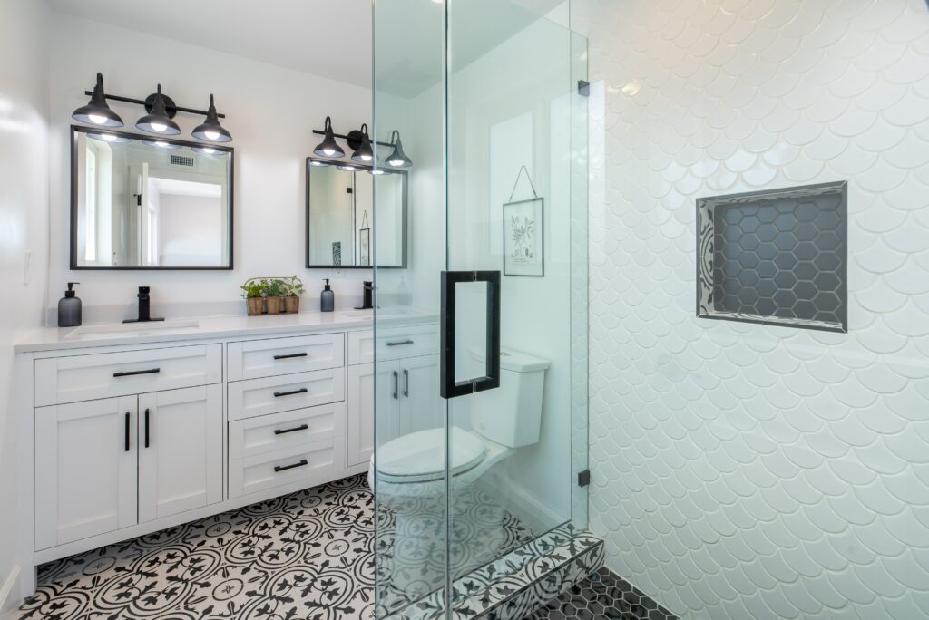 Bathroom remodel with glass corner shower and custom vanity - Atlanta metro | Parsons Mission Construction